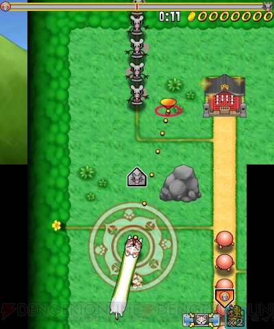 3DS用アクションゲーム『ひっぱり～ニャ！』が配信開始。“ねこがみさま”を操作してステージを攻略せよ