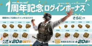 『PUBG MOBILE』ドン勝メダルが20個もらえる1周年記念ログボ実施。限定アイテムを獲得できるイベントも