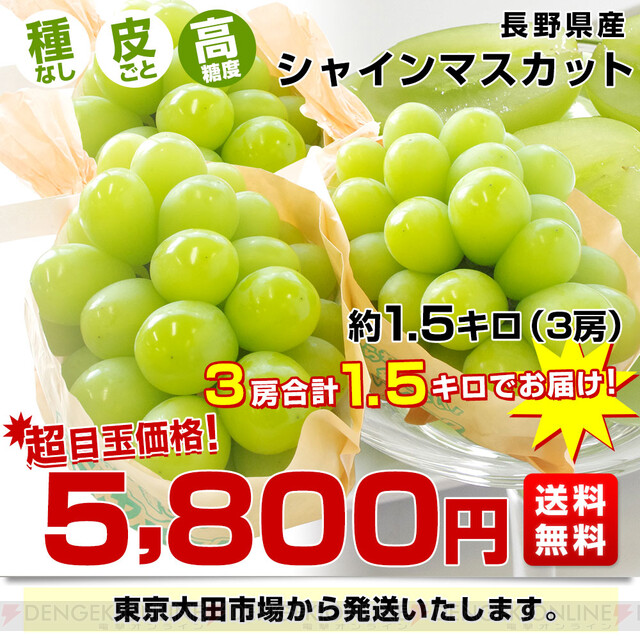 長野県産の大粒『シャインマスカット』が2房で3,980円、3房で5,800円